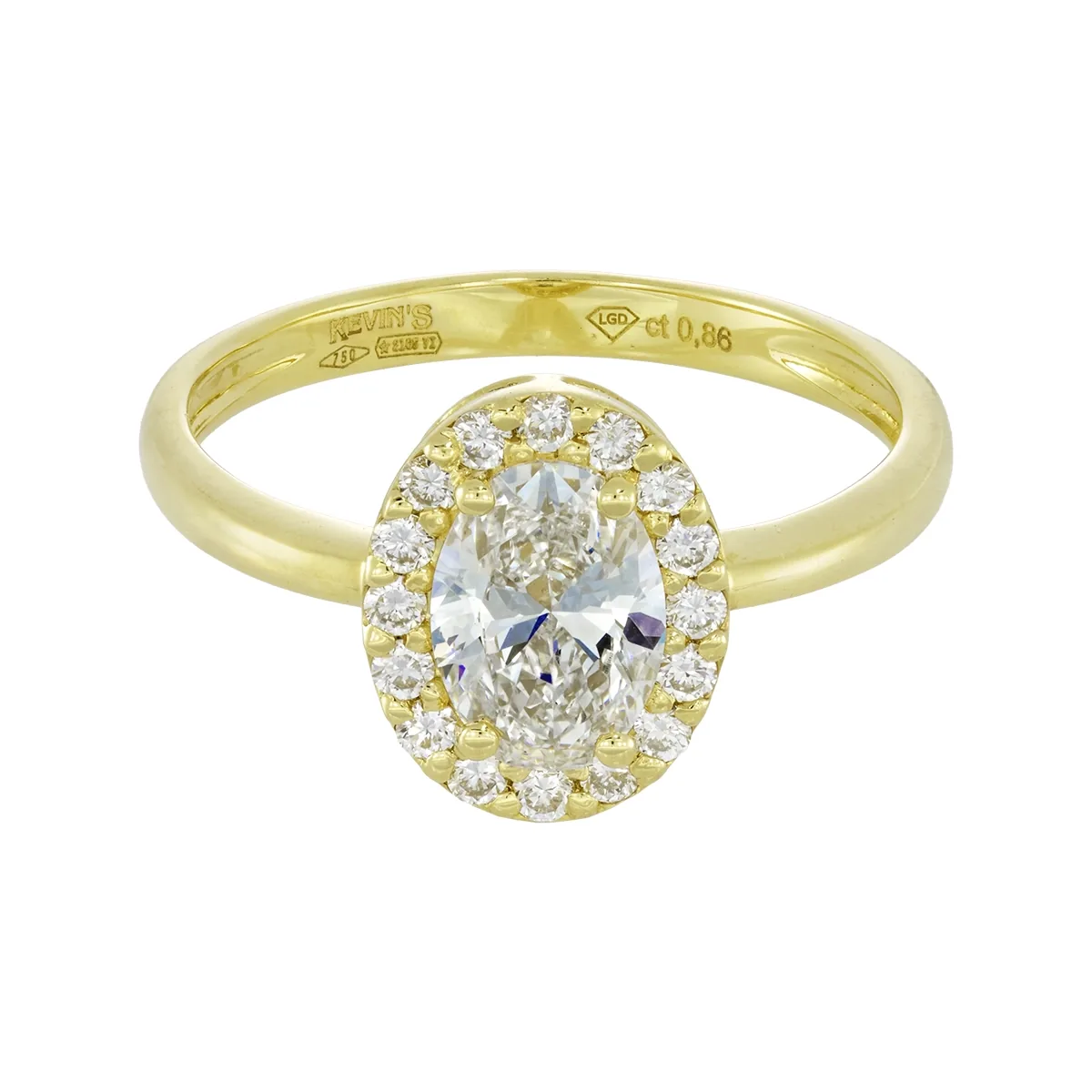 Anillo de compromiso halo oval, con diamante de laboratorio central óvalo de 0.70ct y decoración en diamantes de laboratorio, oro tono amarillo 18k