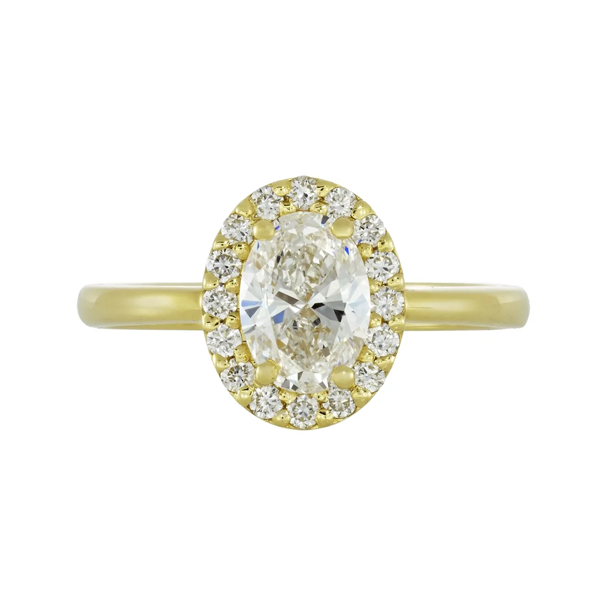 Anillo de compromiso halo oval, con diamante de laboratorio central óvalo de 0.70ct y decoración en diamantes de laboratorio, oro tono amarillo 18k