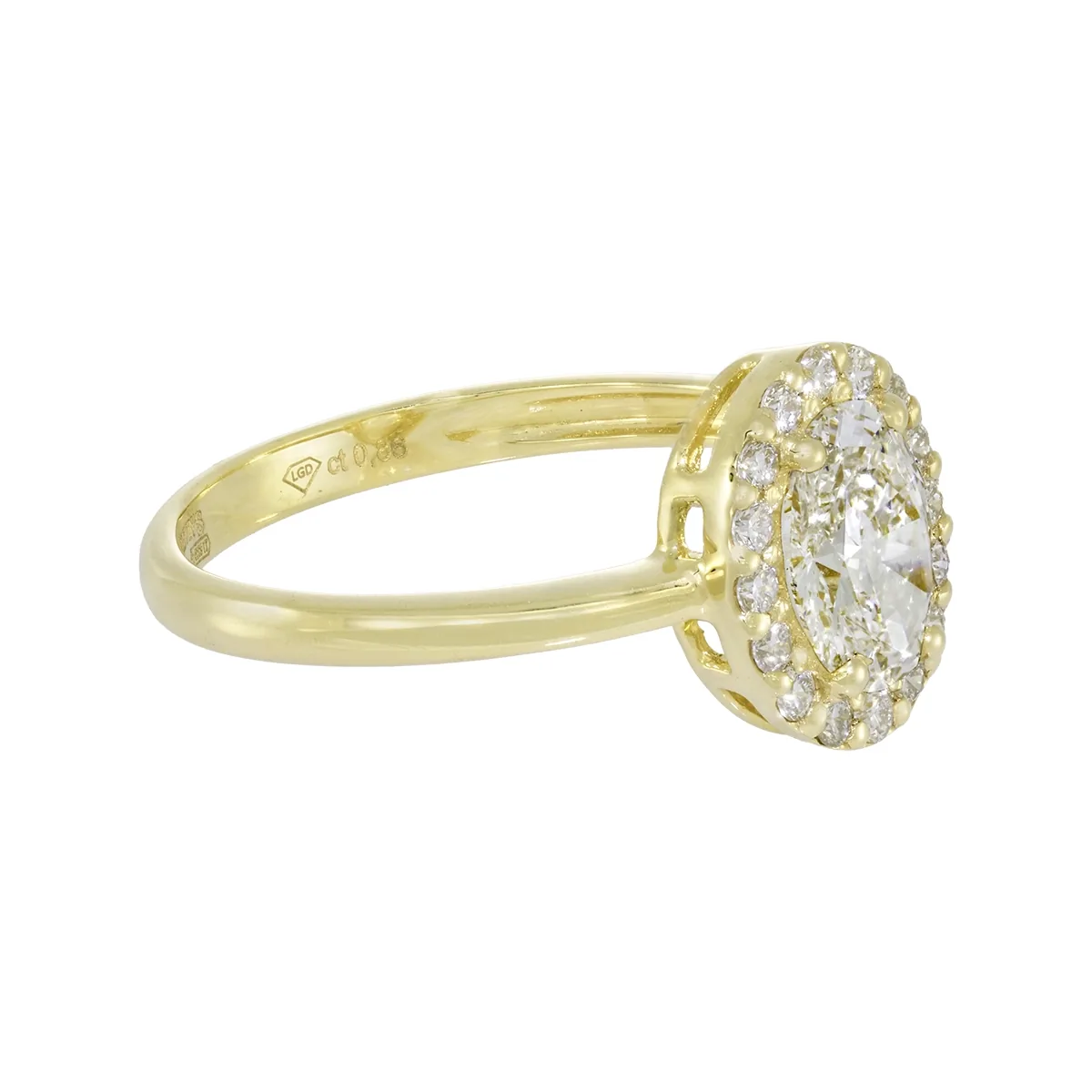Anillo de compromiso halo oval, con diamante de laboratorio central óvalo de 0.70ct y decoración en diamantes de laboratorio, oro tono amarillo 18k