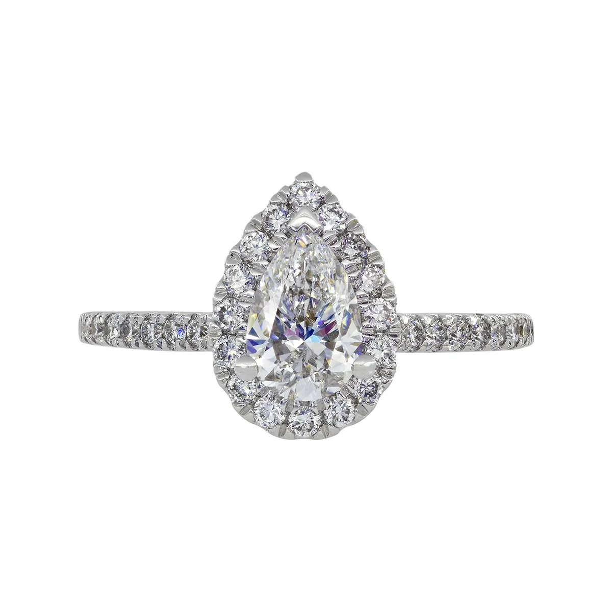 Anillo de compromiso halo pera, con diamante de laboratorio central pera IGI de 0.75Ct y decoración en diamantes de laboratorio, oro tono blanco 18k, rodinado