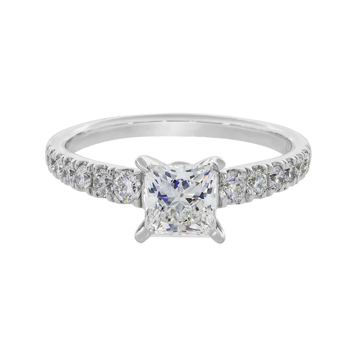 Anillo de compromiso con diamante de laboratorio central princess IGI y decoración en diamantes de laboratorio, oro tono blanco 18k, rodinado