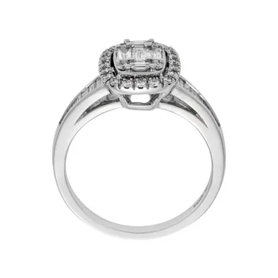 Anillo de compromiso halo rectangular, con diamantes con un peso total de 0.66ct, oro tono blanco 18k, rodinado, liso