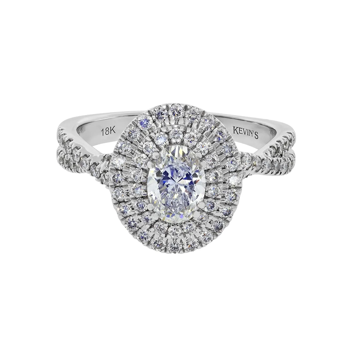 Anillo de compromiso halo doble, con diamante de laboratorio central óvalo IGI de 0.70ct y decoración en diamantes de laboratorio, oro tono blanco 18k, rodinado