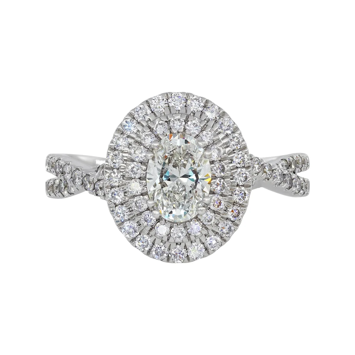 Anillo de compromiso halo doble, con diamante de laboratorio central óvalo IGI de 0.70ct y decoración en diamantes de laboratorio, oro tono blanco 18k, rodinado