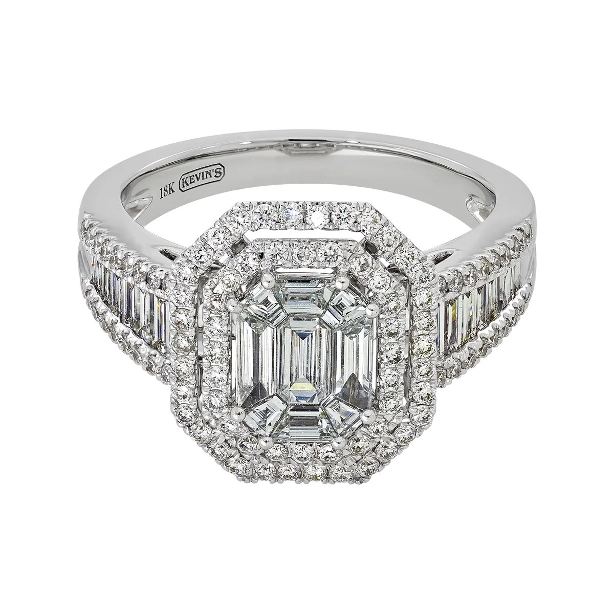 Anillo de compromiso halo doble, con diamantes con un peso total de 1.16ct, oro tono blanco 18k, rodinado, liso