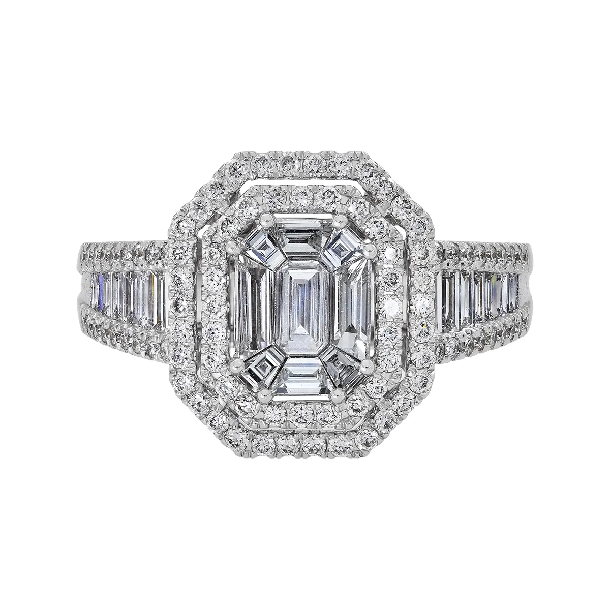Anillo de compromiso halo doble, con diamantes con un peso total de 1.16ct, oro tono blanco 18k, rodinado, liso