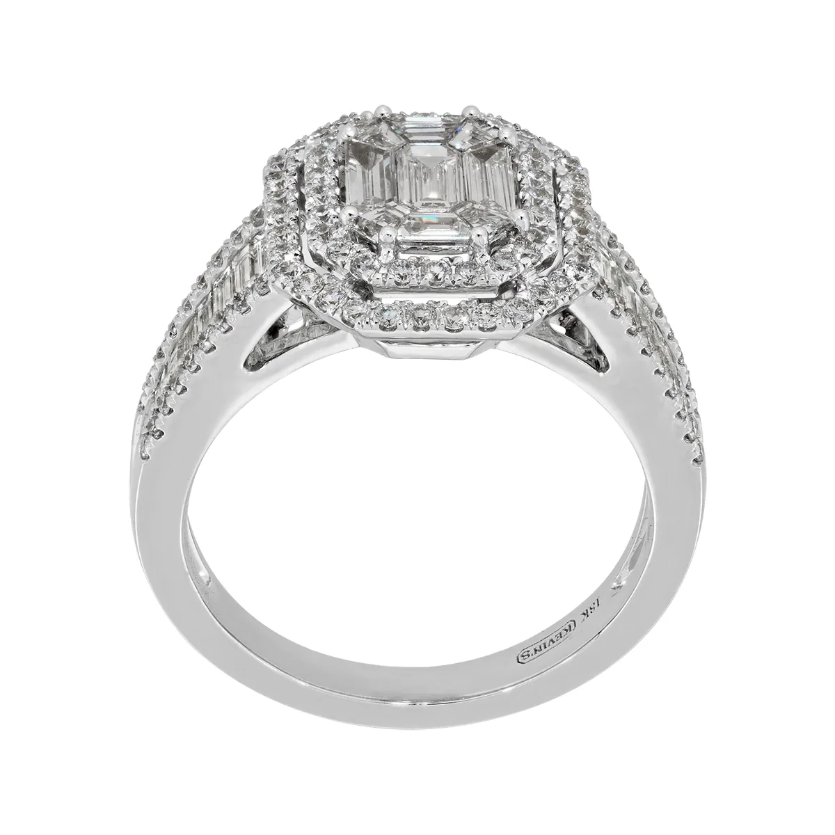 Anillo de compromiso halo doble, con diamantes con un peso total de 1.16ct, oro tono blanco 18k, rodinado, liso