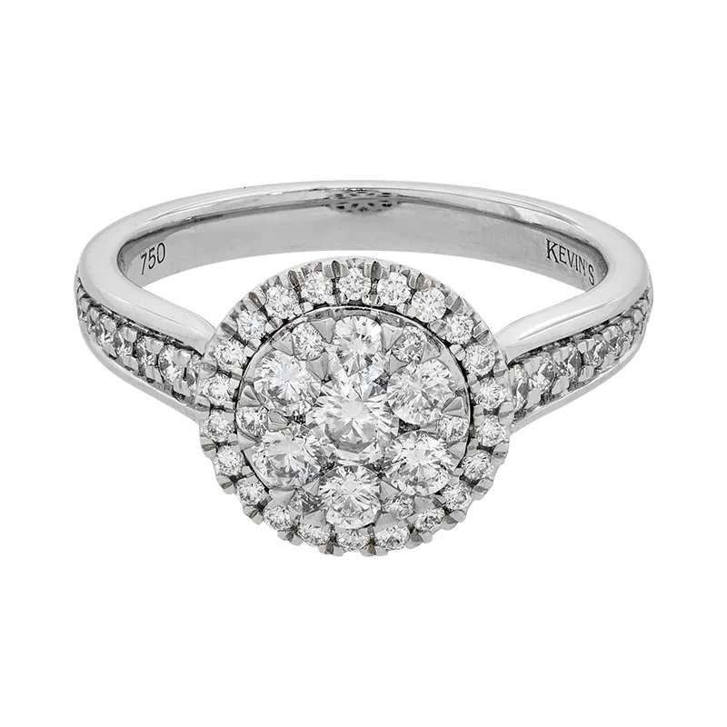 Anillo de compromiso halo redondo, con diamantes con un peso total de 0.75ct, oro tono blanco 18k, rodinado - Colección Flores para ti