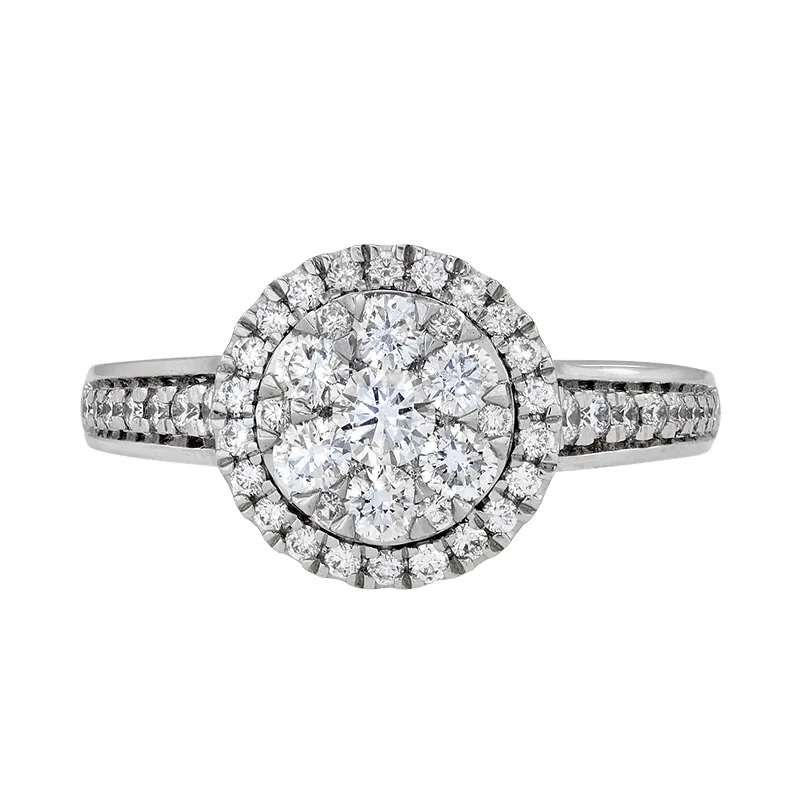 Anillo de compromiso halo redondo, con diamantes con un peso total de 0.75ct, oro tono blanco 18k, rodinado - Colección Flores para ti