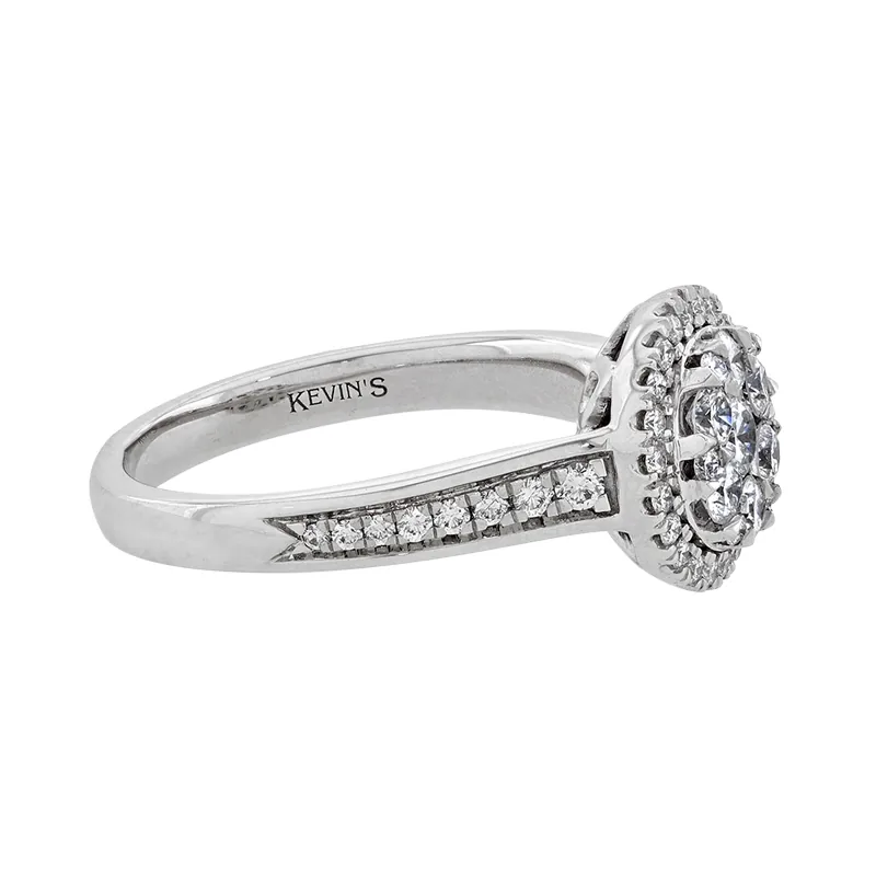 Anillo de compromiso halo redondo, con diamantes con un peso total de 0.75ct, oro tono blanco 18k, rodinado - Colección Flores para ti
