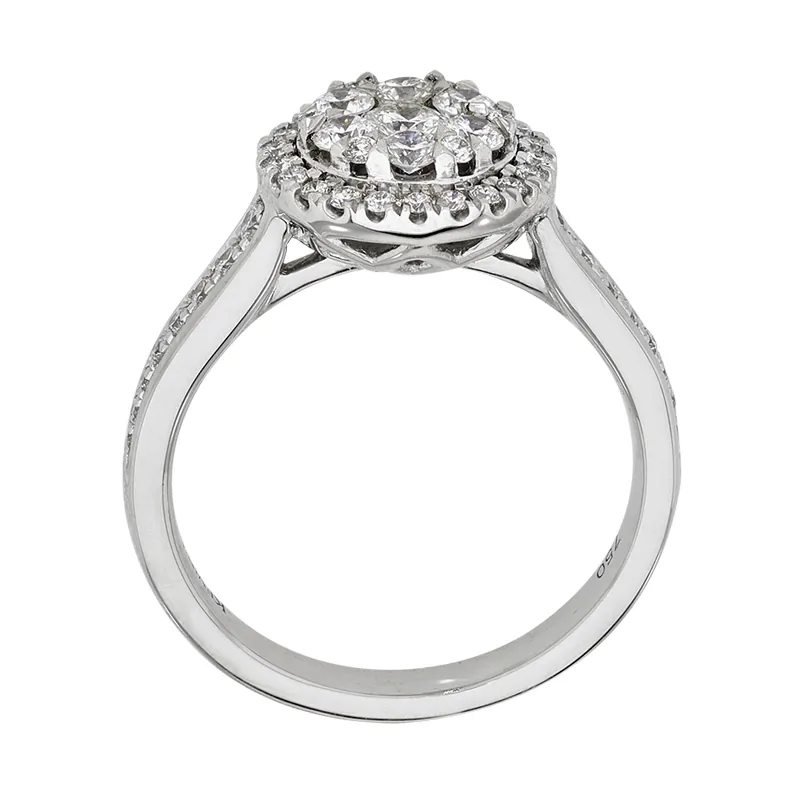 Anillo de compromiso halo redondo, con diamantes con un peso total de 0.75ct, oro tono blanco 18k, rodinado - Colección Flores para ti