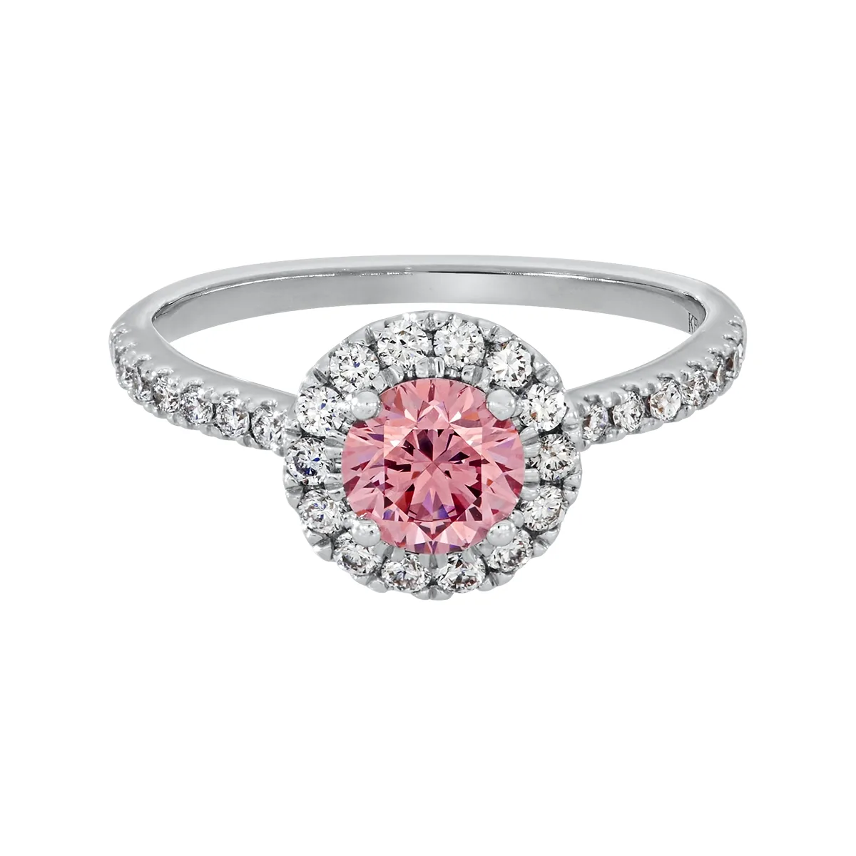 Anillo de compromiso halo redondo, con diamante rosado de laboratorio central redondo IGI de 0.75ct y decoración en diamantes de laboratorio, oro tono blanco 18k, rodinado