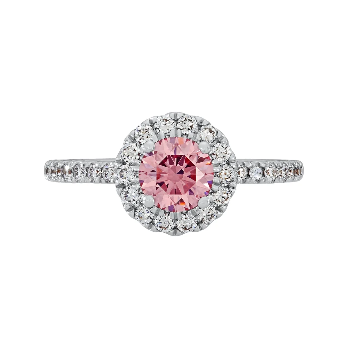 Anillo de compromiso halo redondo, con diamante rosado de laboratorio central redondo IGI de 0.75ct y decoración en diamantes de laboratorio, oro tono blanco 18k, rodinado