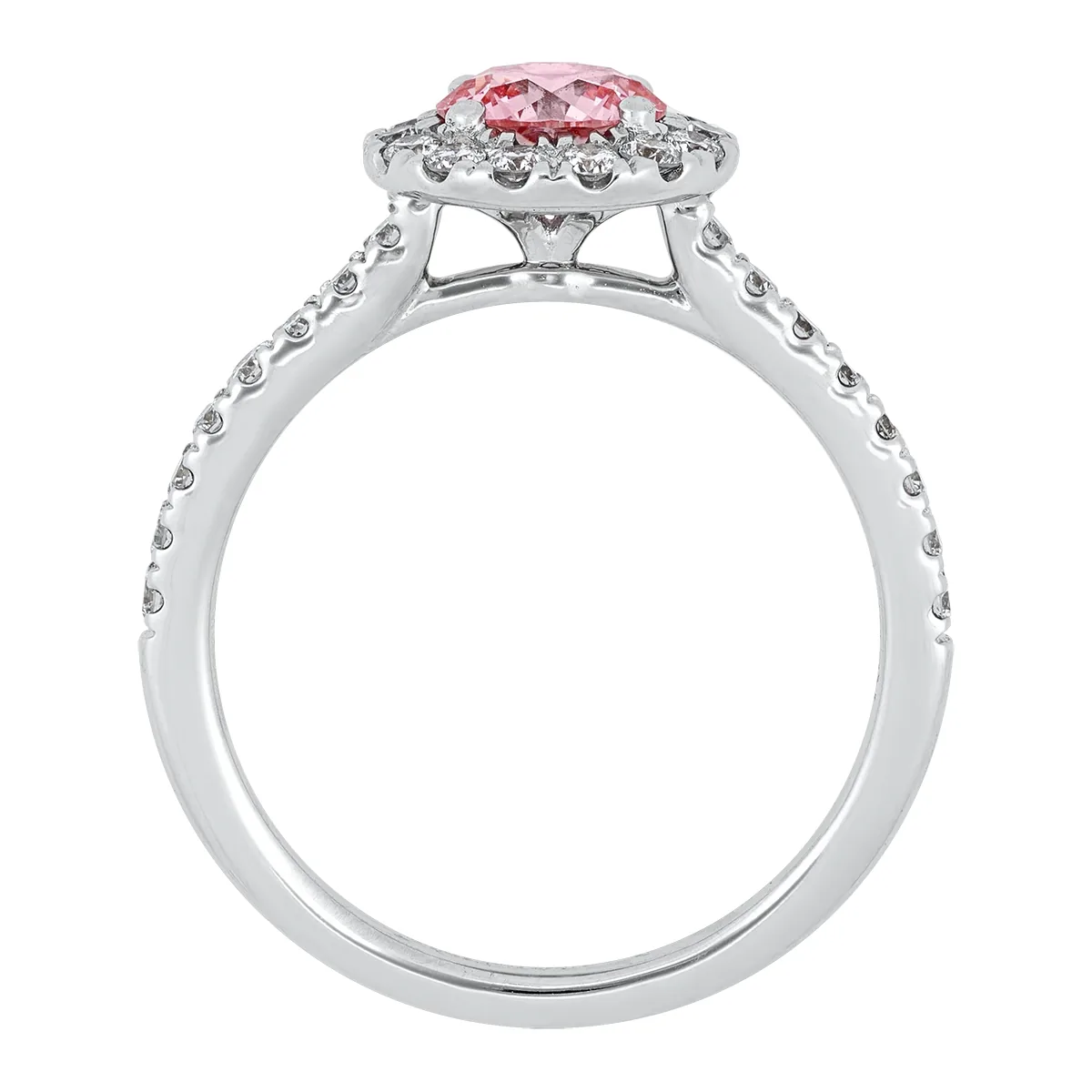 Anillo de compromiso halo redondo, con diamante rosado de laboratorio central redondo IGI de 0.75ct y decoración en diamantes de laboratorio, oro tono blanco 18k, rodinado