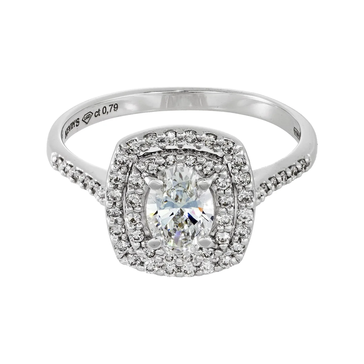 Anillo de compromiso halo doble, con diamante de laboratorio central óvalo de 0.50ct y decoración en diamantes de laboratorio, oro tono blanco 18k, rodinado