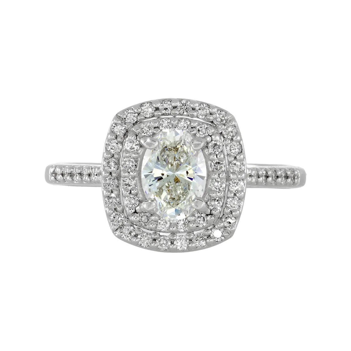 Anillo de compromiso halo doble, con diamante de laboratorio central óvalo de 0.50ct y decoración en diamantes de laboratorio, oro tono blanco 18k, rodinado