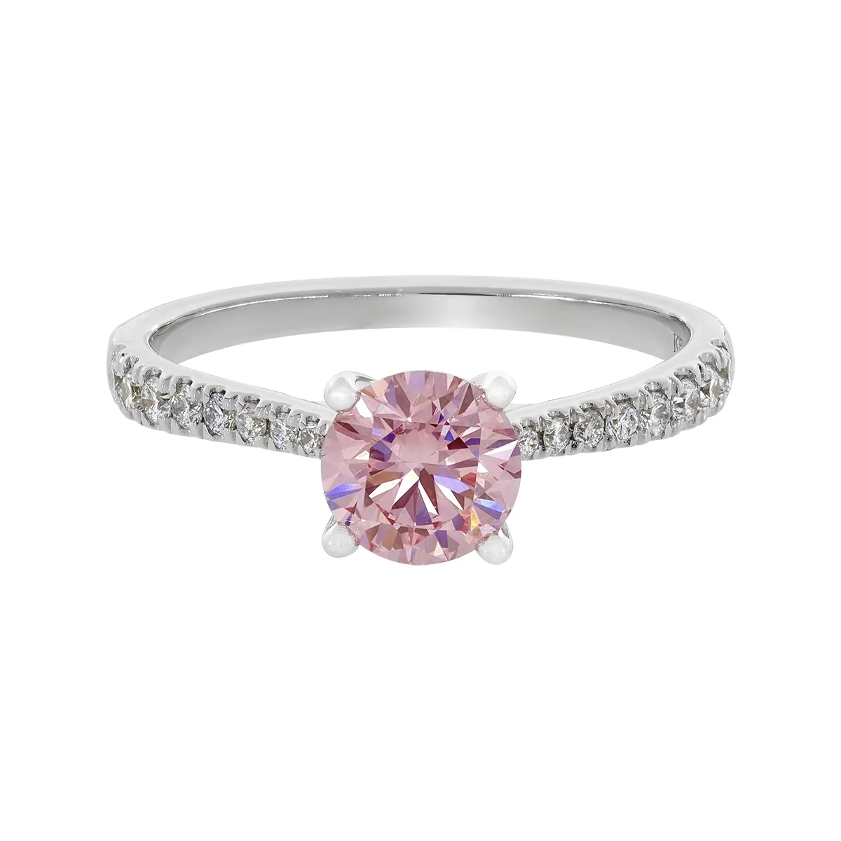 Anillo de compromiso con diamante rosado de laboratorio central redondo IGI de 1.00ct y decoración en diamantes de laboratorio, oro tono blanco 18k, rodinado
