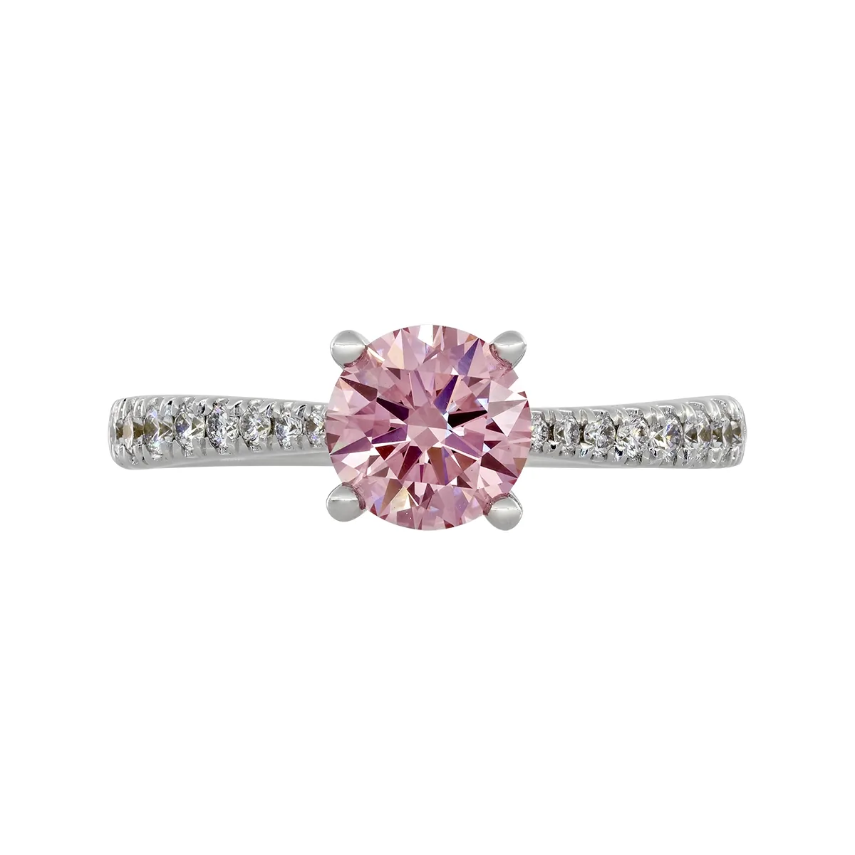 Anillo de compromiso con diamante rosado de laboratorio central redondo IGI de 1.00ct y decoración en diamantes de laboratorio, oro tono blanco 18k, rodinado
