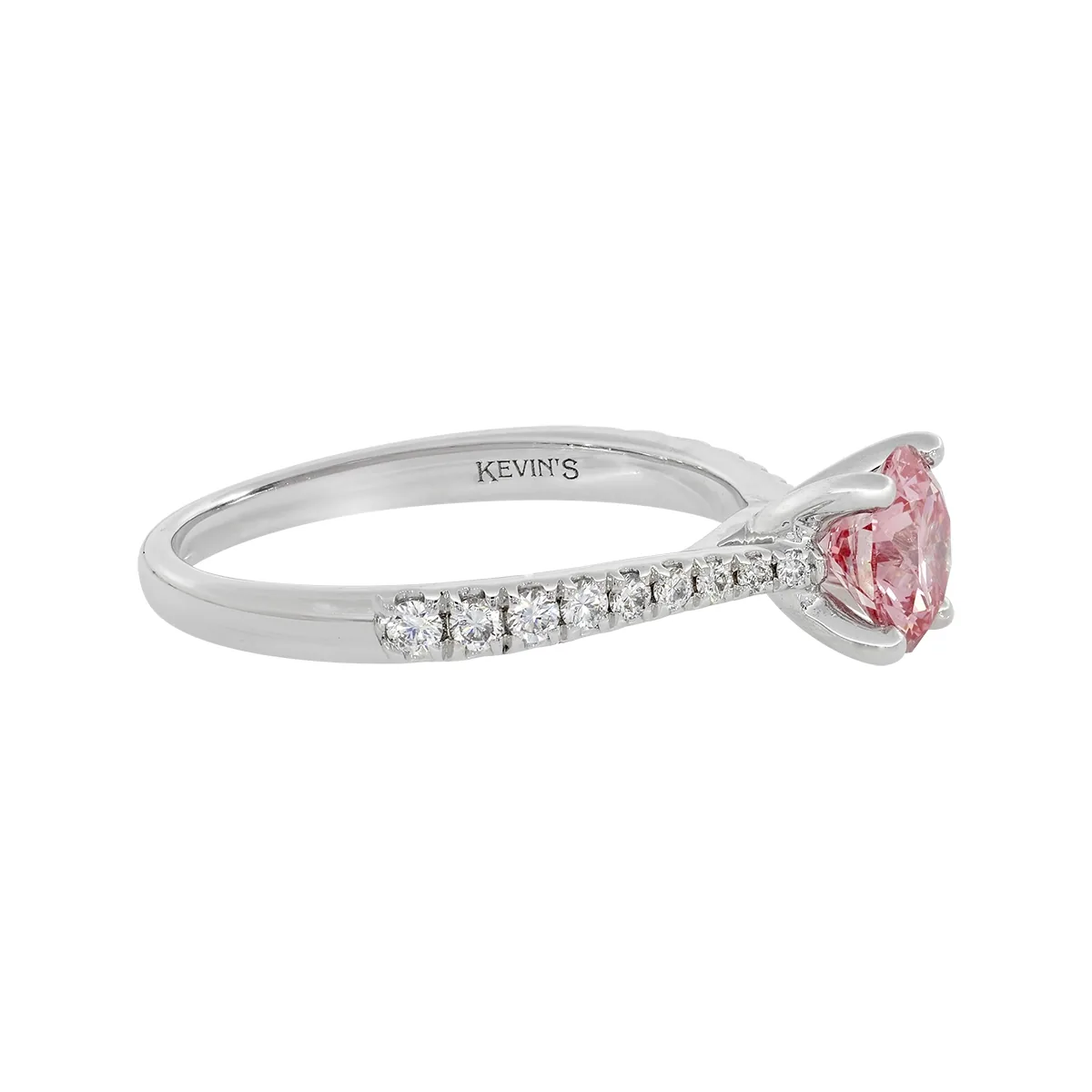 Anillo de compromiso con diamante rosado de laboratorio central redondo IGI de 1.00ct y decoración en diamantes de laboratorio, oro tono blanco 18k, rodinado