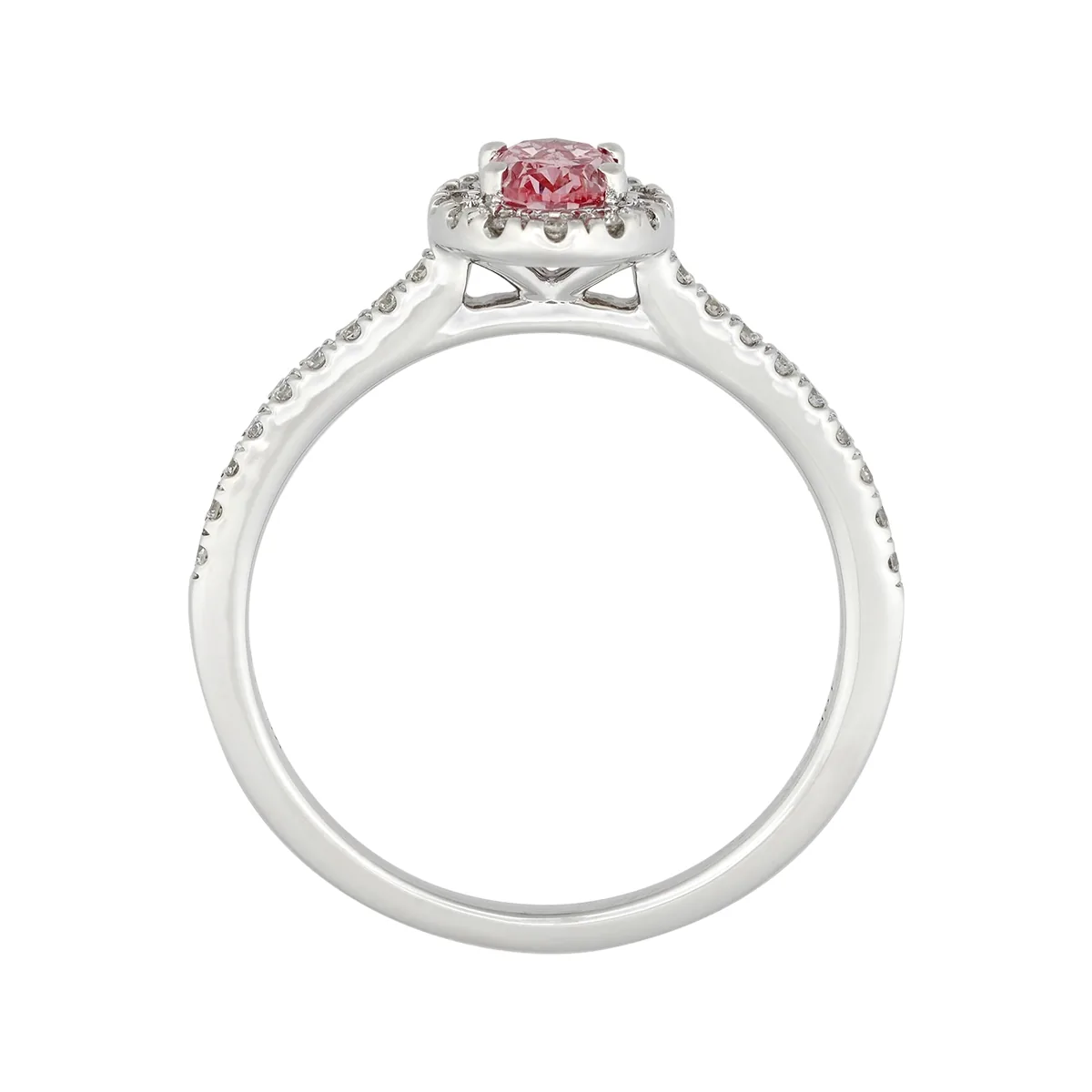 Anillo de compromiso halo oval, con diamante rosado de laboratorio central óvalo IGI de 0.50ct y decoración en diamantes de laboratorio, oro tono blanco 18k, rodinado