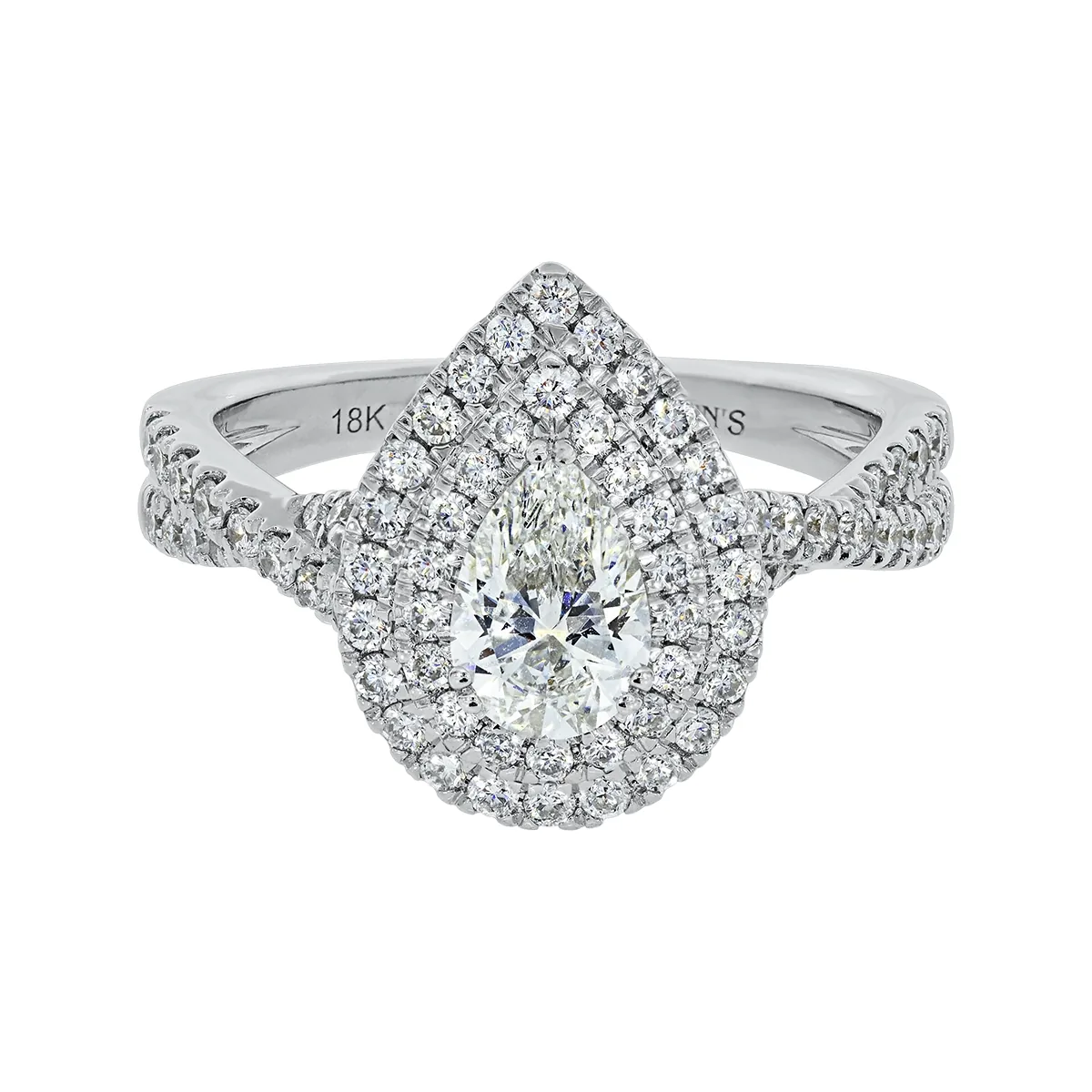 Anillo de compromiso halo doble, con diamante de laboratorio central pera IGI de 0.70ct y decoración en diamantes de laboratorio, oro tono blanco 18k