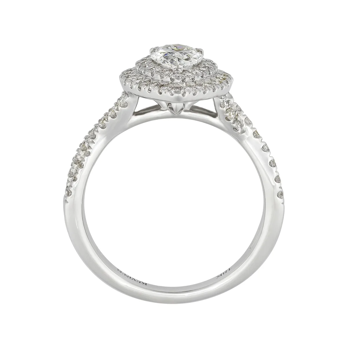 Anillo de compromiso halo doble, con diamante de laboratorio central pera IGI de 0.70ct y decoración en diamantes de laboratorio, oro tono blanco 18k