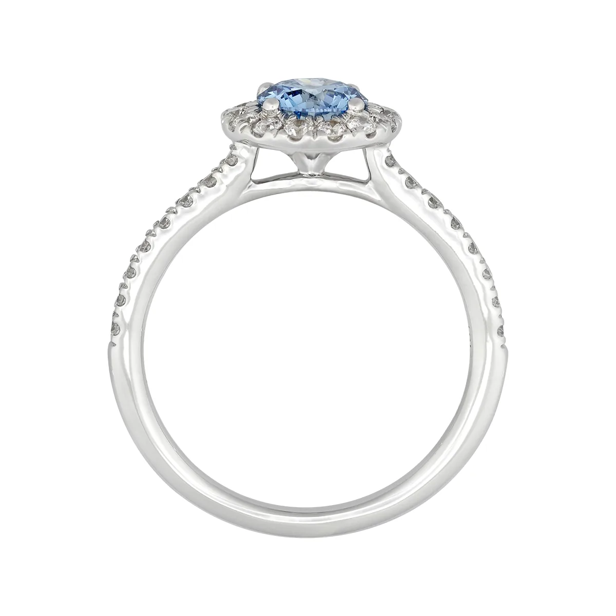 Anillo de compromiso halo redondo, con diamante rosado de laboratorio central redondo IGI de 0.75ct y decoración en diamantes de laboratorio, oro tono blanco 18k, rodinado