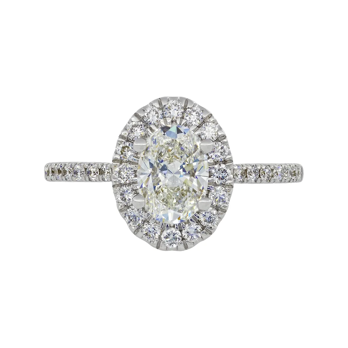 Anillo de compromiso halo oval, con diamante de laboratorio central óvalo IGI de 1.00ct y decoración en diamantes de laboratorio, oro tono blanco 18k, rodinado