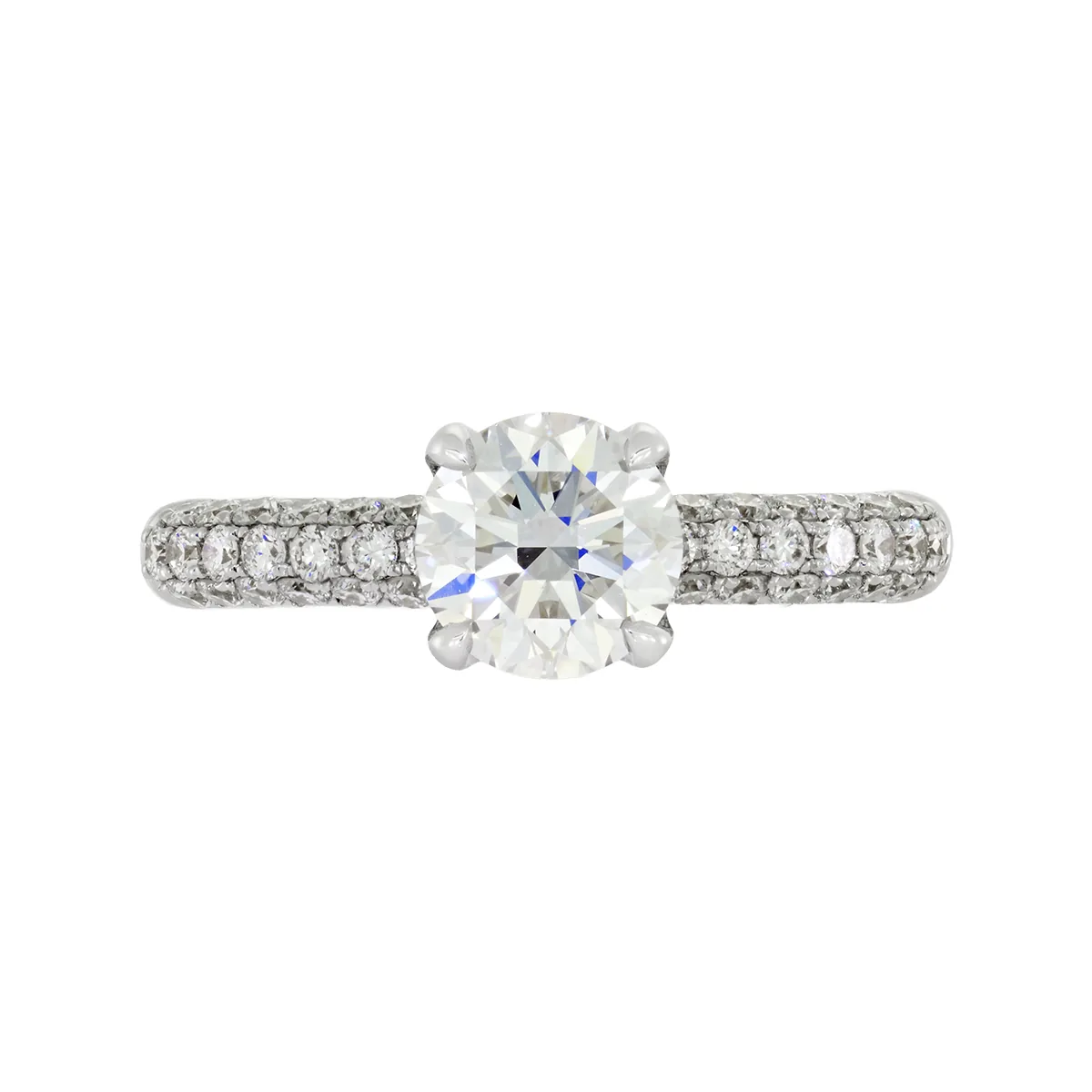 Anillo de compromiso con diamante de laboratorio central redondo de 1.00ct y decoración en diamantes de laboratorio, oro tono blanco 18k, rodinado
