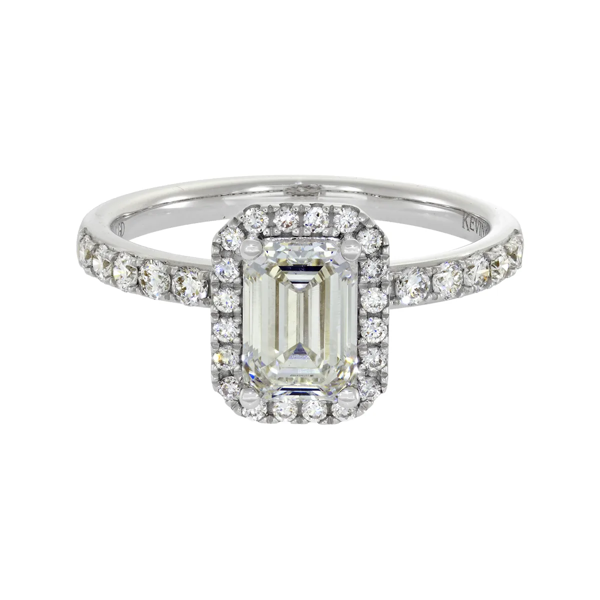 Anillo de compromiso halo rectangular, con diamante de laboratorio central corte esmeralda de 1.00ct y decoración en diamantes de laboratorio, oro tono blanco 18k, rodinado