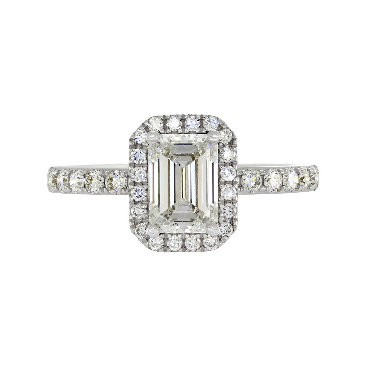 Anillo de compromiso halo rectangular, con diamante de laboratorio central corte esmeralda de 1.00ct y decoración en diamantes de laboratorio, oro tono blanco 18k, rodinado