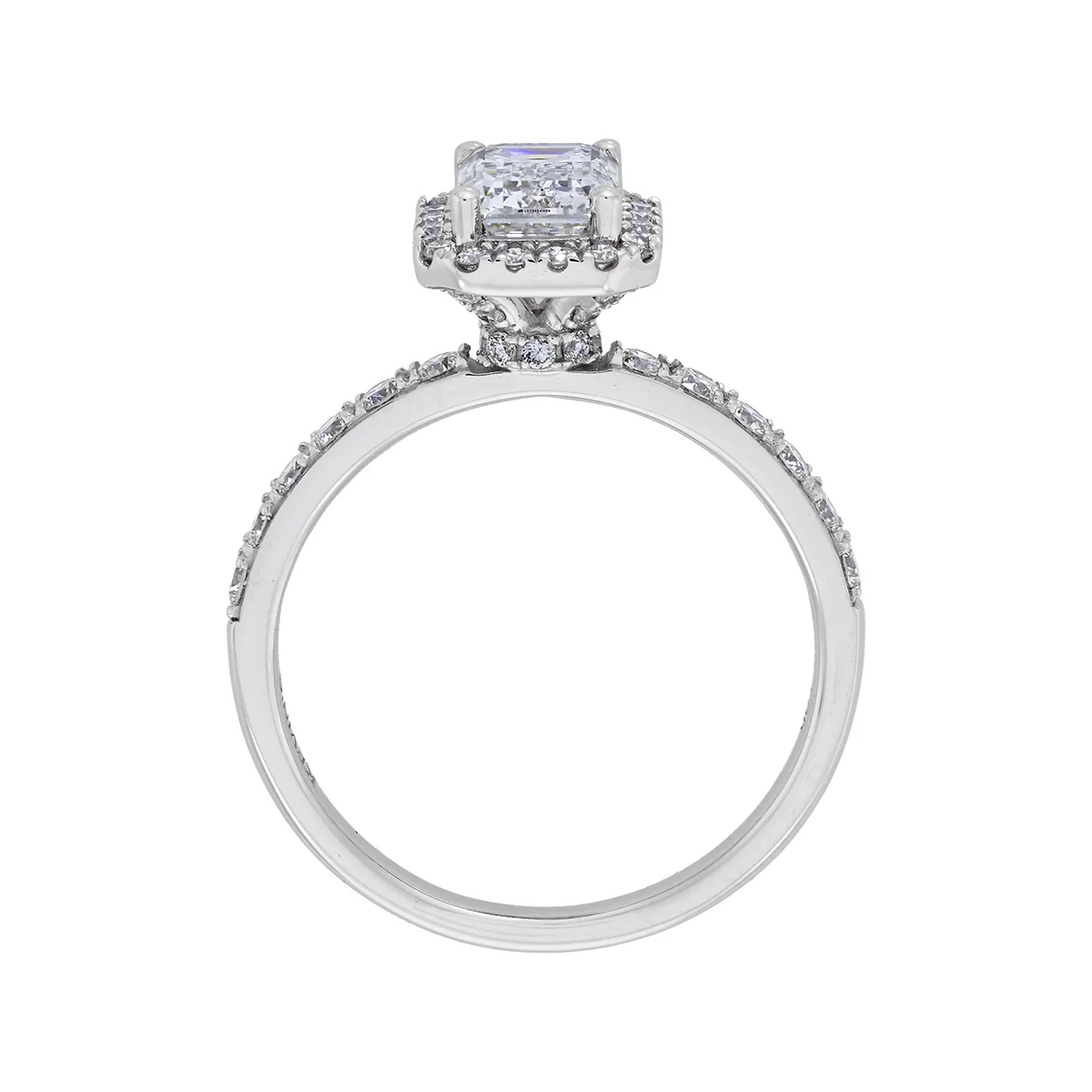 Anillo de compromiso halo rectangular, con diamante de laboratorio central corte esmeralda de 1.00ct y decoración en diamantes de laboratorio, oro tono blanco 18k, rodinado