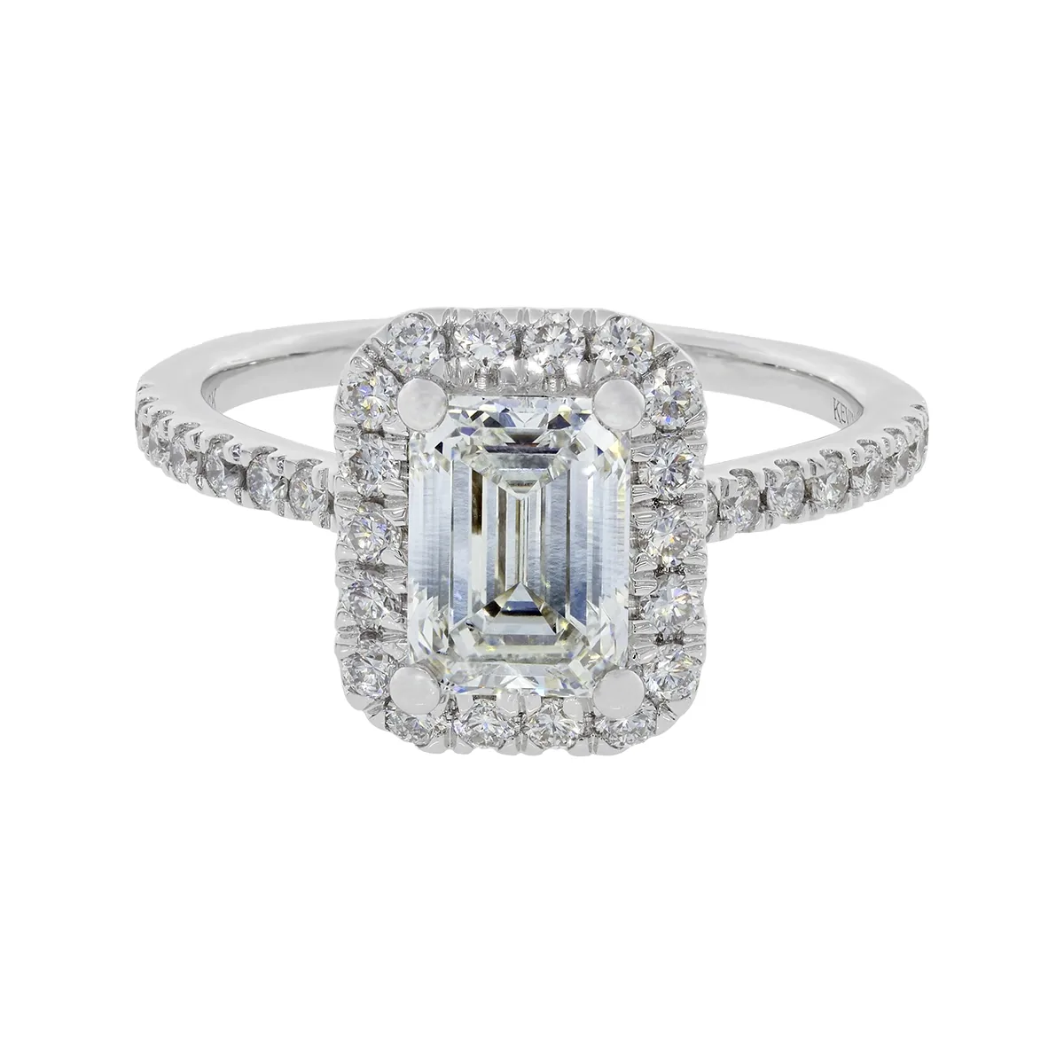 Anillo de compromiso halo rectangular, con diamante de laboratorio central corte esmeralda IGI de 1.50ct y decoración en diamantes de laboratorio, oro tono blanco 18k, rodinado