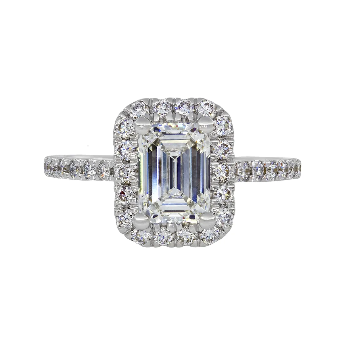 Anillo de compromiso halo rectangular, con diamante de laboratorio central corte esmeralda IGI de 1.50ct y decoración en diamantes de laboratorio, oro tono blanco 18k, rodinado