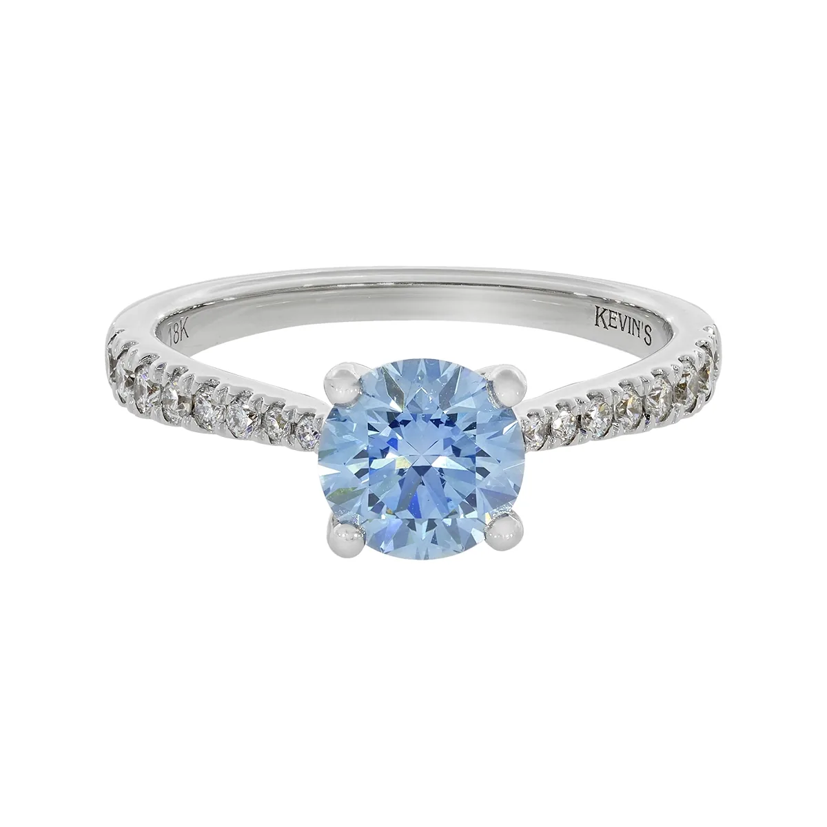 Anillo de compromiso con diamante azul de laboratorio central redondo IGI de 1.00ct y decoración en diamantes de laboratorio, oro tono blanco 18k, rodinado