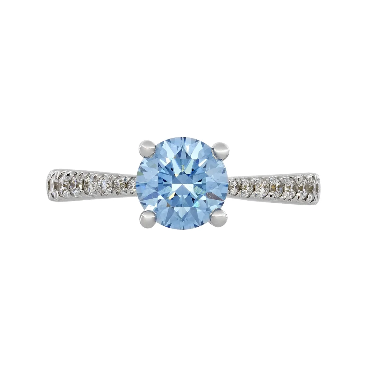 Anillo de compromiso con diamante azul de laboratorio central redondo IGI de 1.00ct y decoración en diamantes de laboratorio, oro tono blanco 18k, rodinado