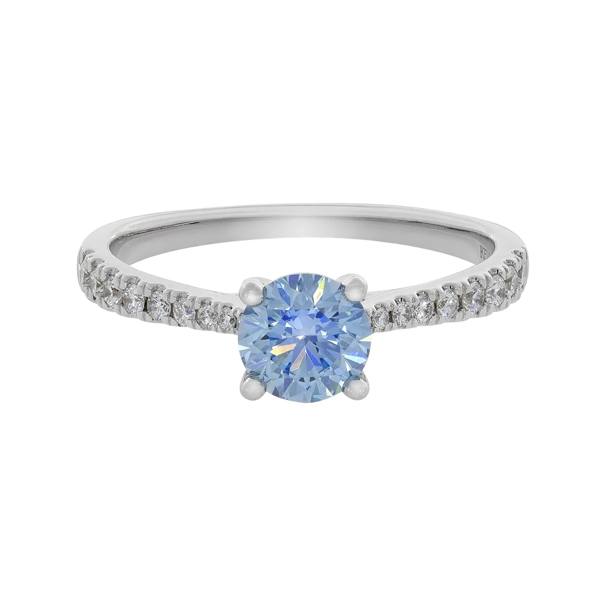 Anillo de compromiso con diamante azul de laboratorio central redondo IGI de 0.75ct y decoración en diamantes de laboratorio, oro tono blanco 18k, rodinado