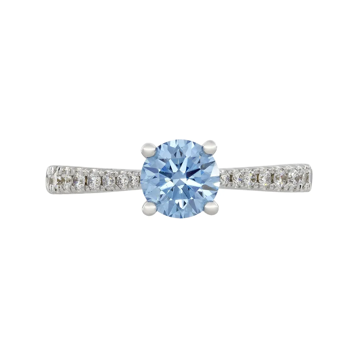 Anillo de compromiso con diamante azul de laboratorio central redondo IGI de 0.75ct y decoración en diamantes de laboratorio, oro tono blanco 18k, rodinado