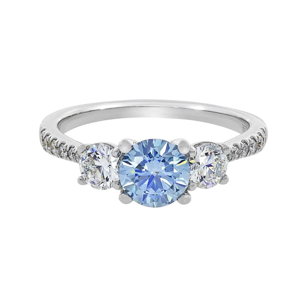 Anillo de compromiso con diamante azul de laboratorio central redondo IGI de 1.00ct y decoración en diamantes de laboratorio, oro tono blanco 18k, rodinado