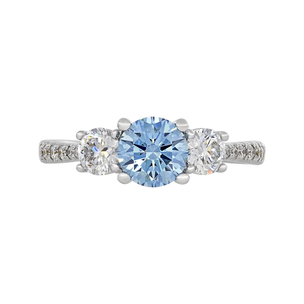 Anillo de compromiso con diamante azul de laboratorio central redondo IGI de 1.00ct y decoración en diamantes de laboratorio, oro tono blanco 18k, rodinado