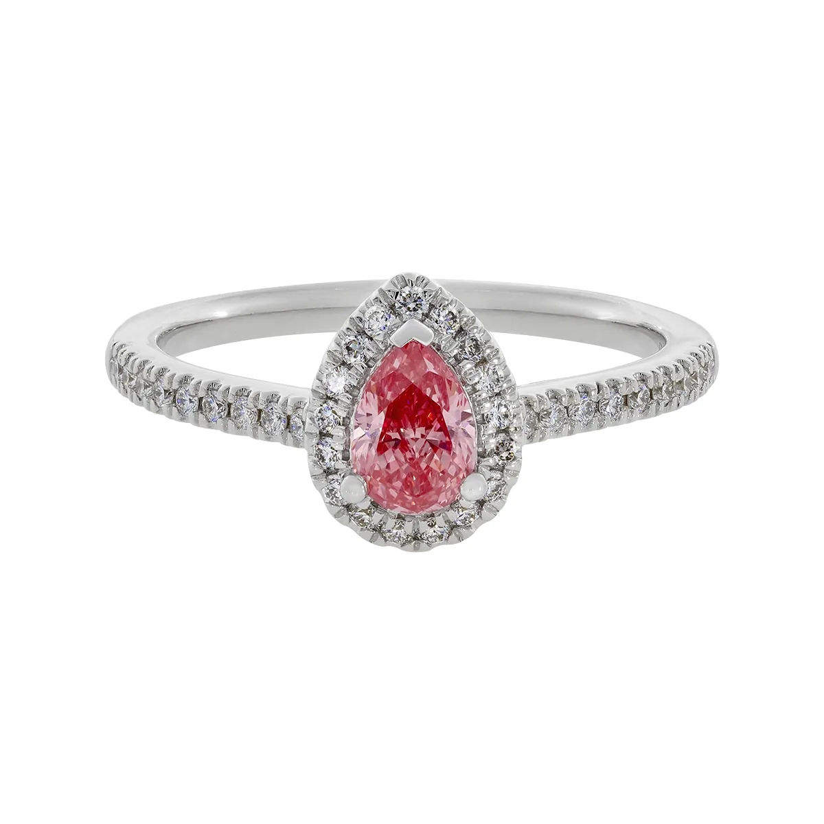 Anillo de compromiso halo pera, con diamante rosado de laboratorio central pera IGI de 0.50ct y decoración en diamantes de laboratorio, oro tono blanco 18k, rodinado
