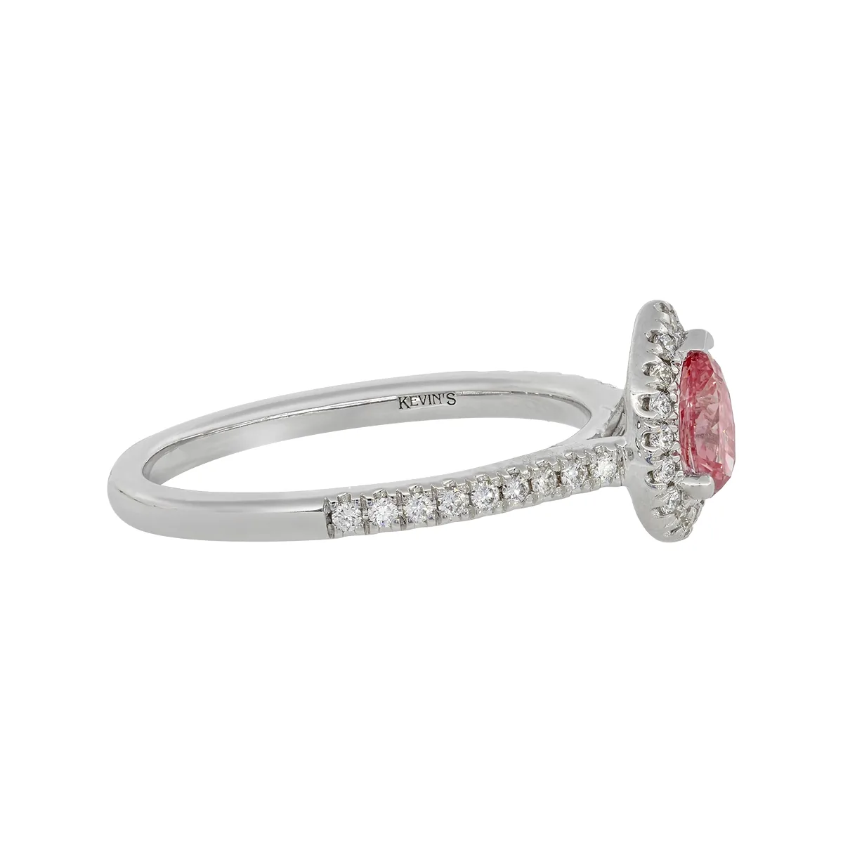 Anillo de compromiso halo pera, con diamante rosado de laboratorio central pera IGI de 0.50ct y decoración en diamantes de laboratorio, oro tono blanco 18k, rodinado