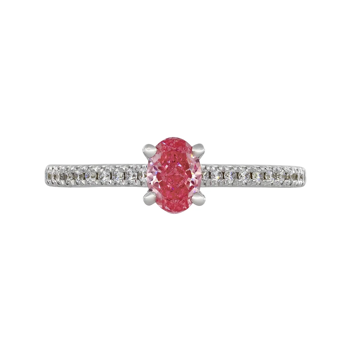 Anillo de compromiso con diamante rosado de laboratorio central óvalo IGI de 0.50Ct y decoración en diamantes de laboratorio, oro tono blanco 18k, rodinado