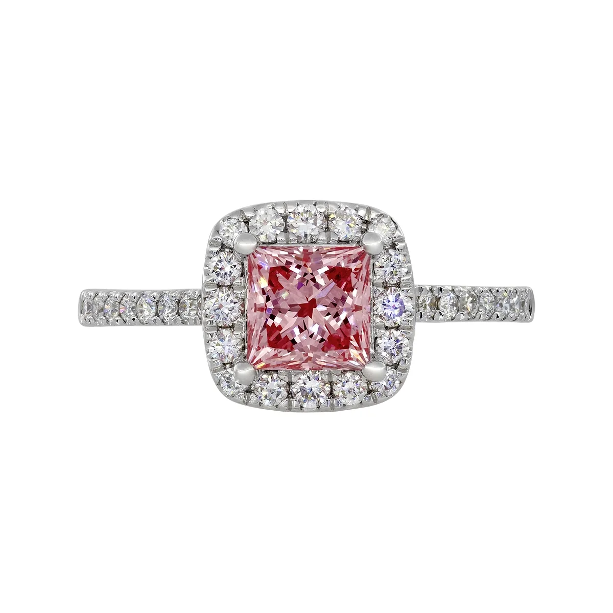 Anillo de compromiso halo cuadrado, con diamante rosado de laboratorio central princess IGI de 1.00ct y decoración en diamantes de laboratorio, oro tono blanco 18k, rodinado