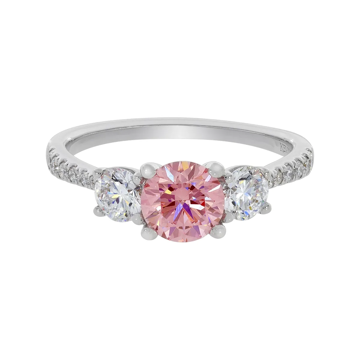 Anillo de compromiso con diamante rosado de laboratorio central redondo IGI de 1.00ct y decoración en diamantes de laboratorio, oro tono blanco 18k, rodinado