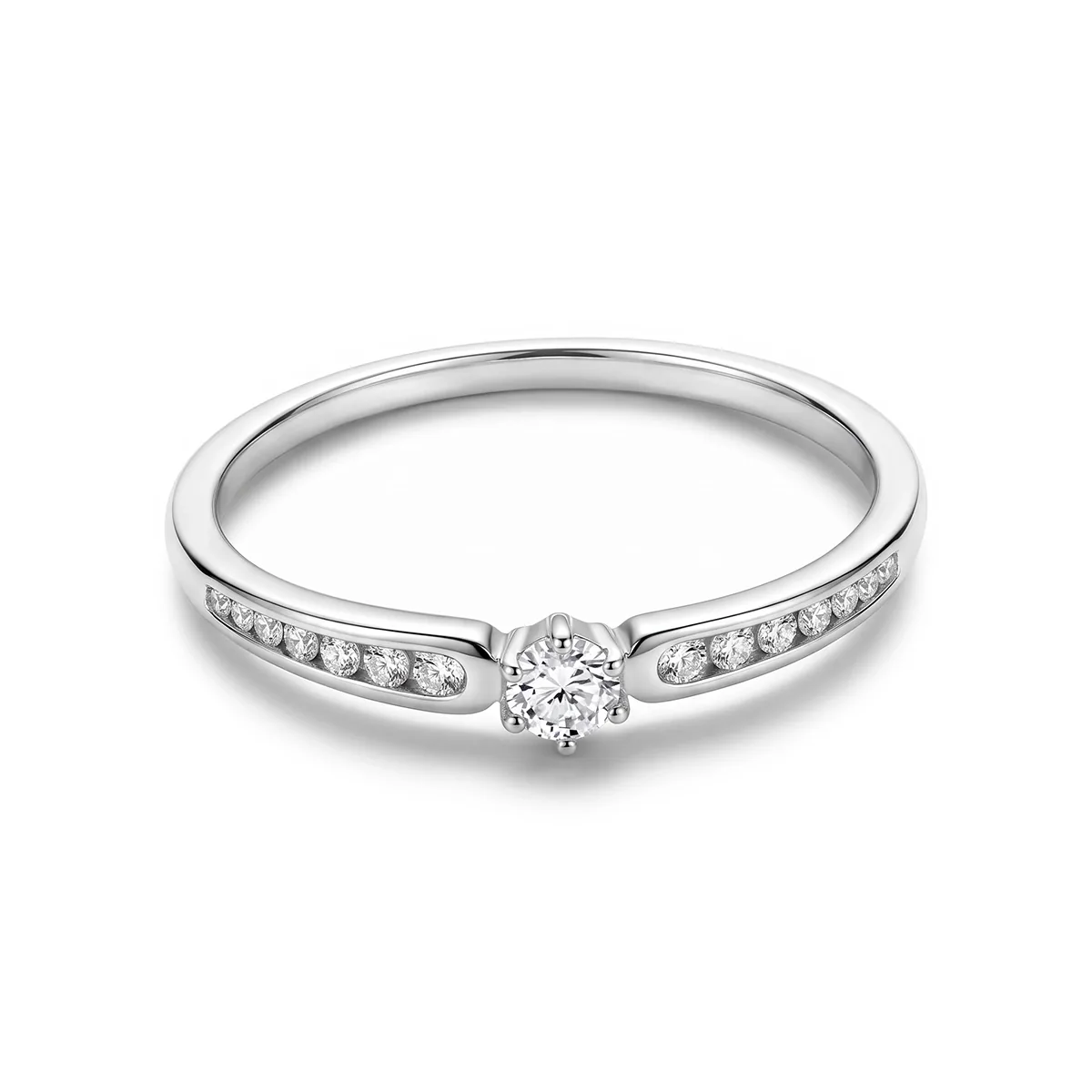 Anillo de compromiso con diamante de laboratorio central redondo de 0.10Ct y decoración en diamantes de laboratorio, en plata ley 925, rodinado - Colección Sueños