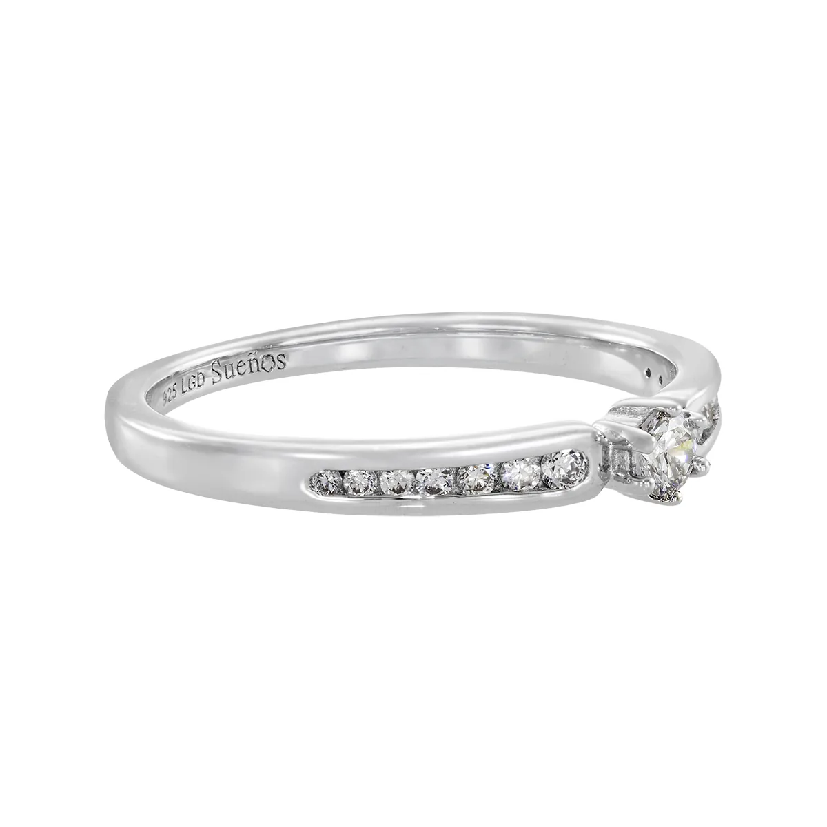 Anillo de compromiso con diamante de laboratorio central redondo de 0.10Ct y decoración en diamantes de laboratorio, en plata ley 925, rodinado - Colección Sueños