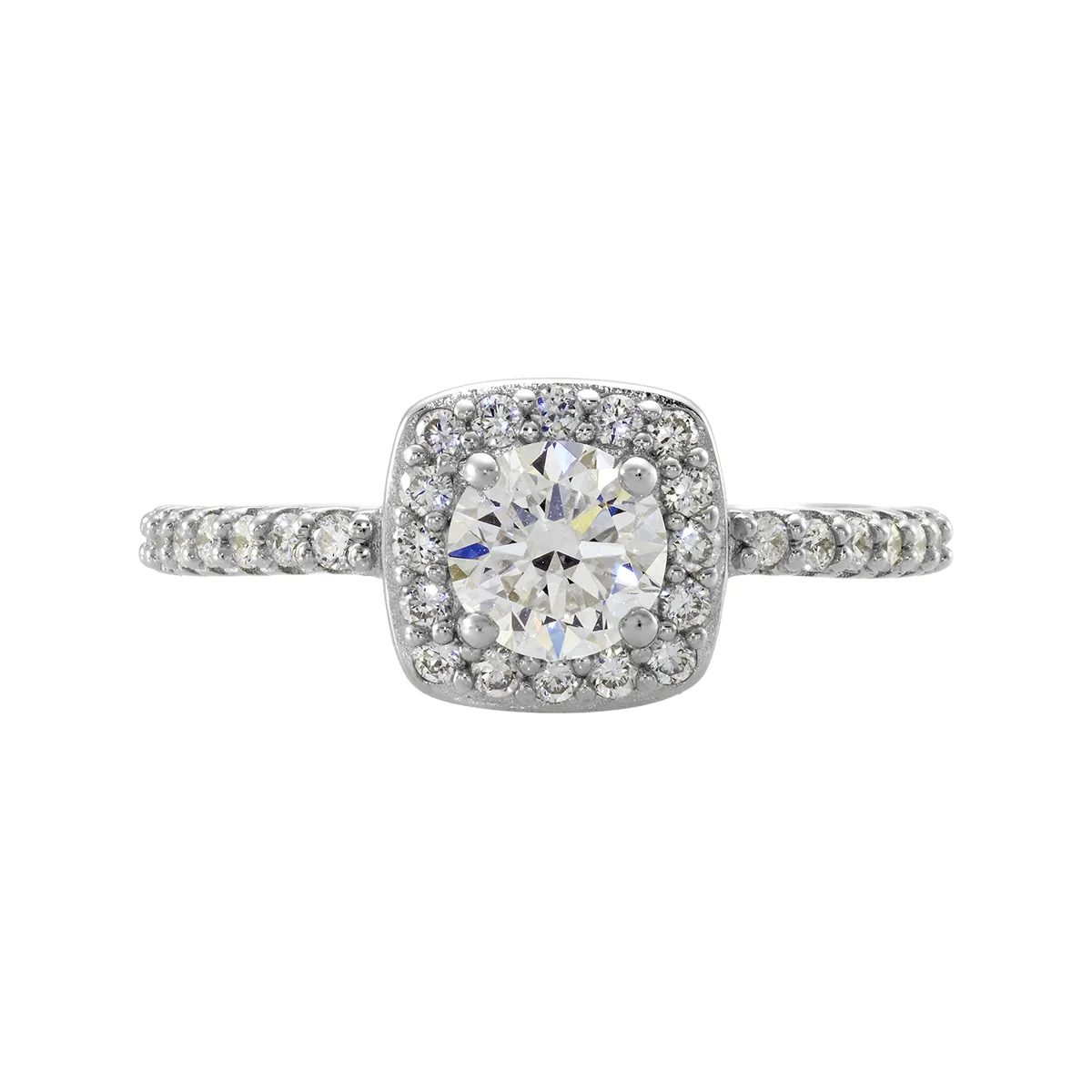 Anillo de compromiso halo cuadrado, con diamante de laboratorio central redondo de 0.50Ct y decoración en diamantes de laboratorio, en plata ley 925, rodinado - Colección Sueños
