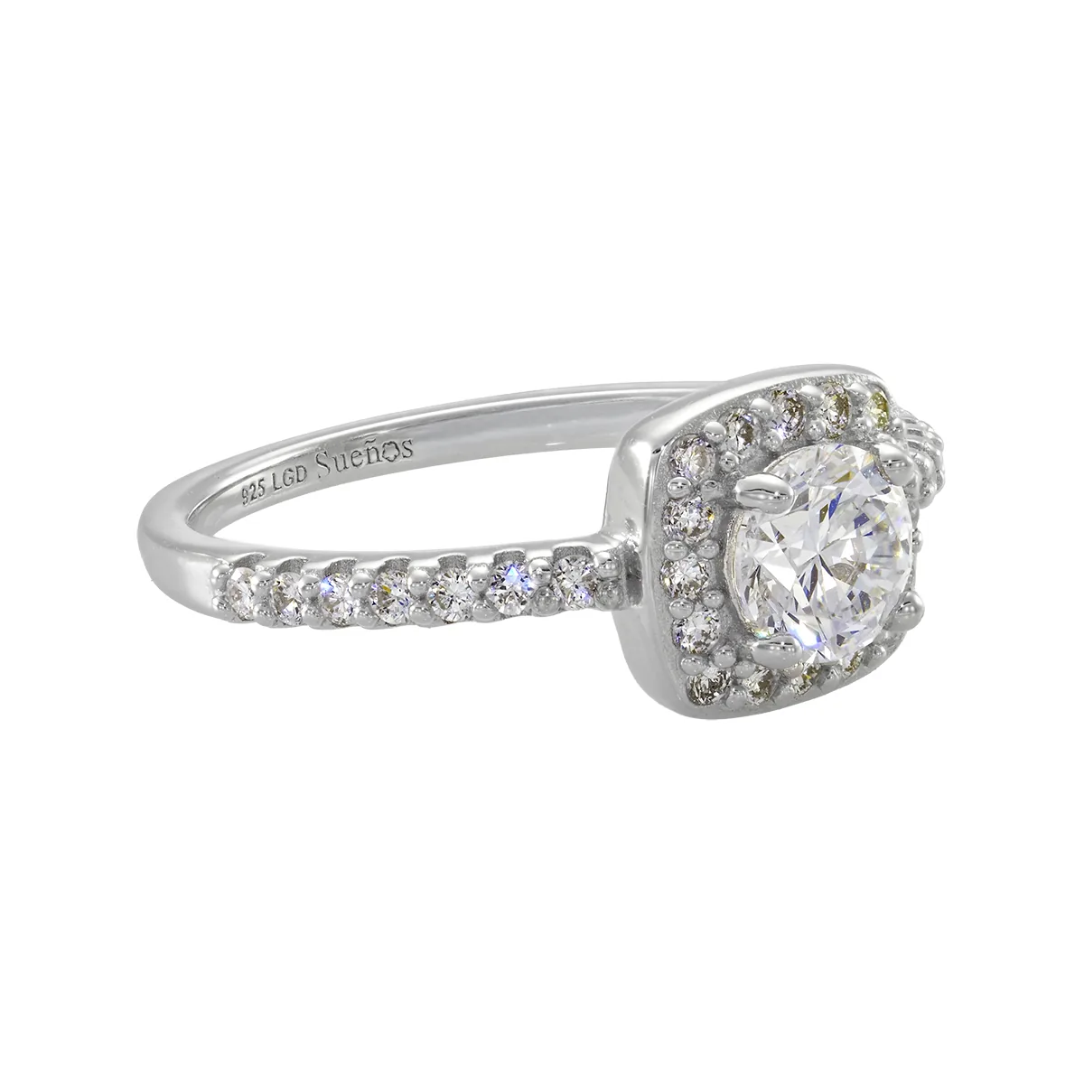 Anillo de compromiso halo cuadrado, con diamante de laboratorio central redondo de 0.50Ct y decoración en diamantes de laboratorio, en plata ley 925, rodinado - Colección Sueños