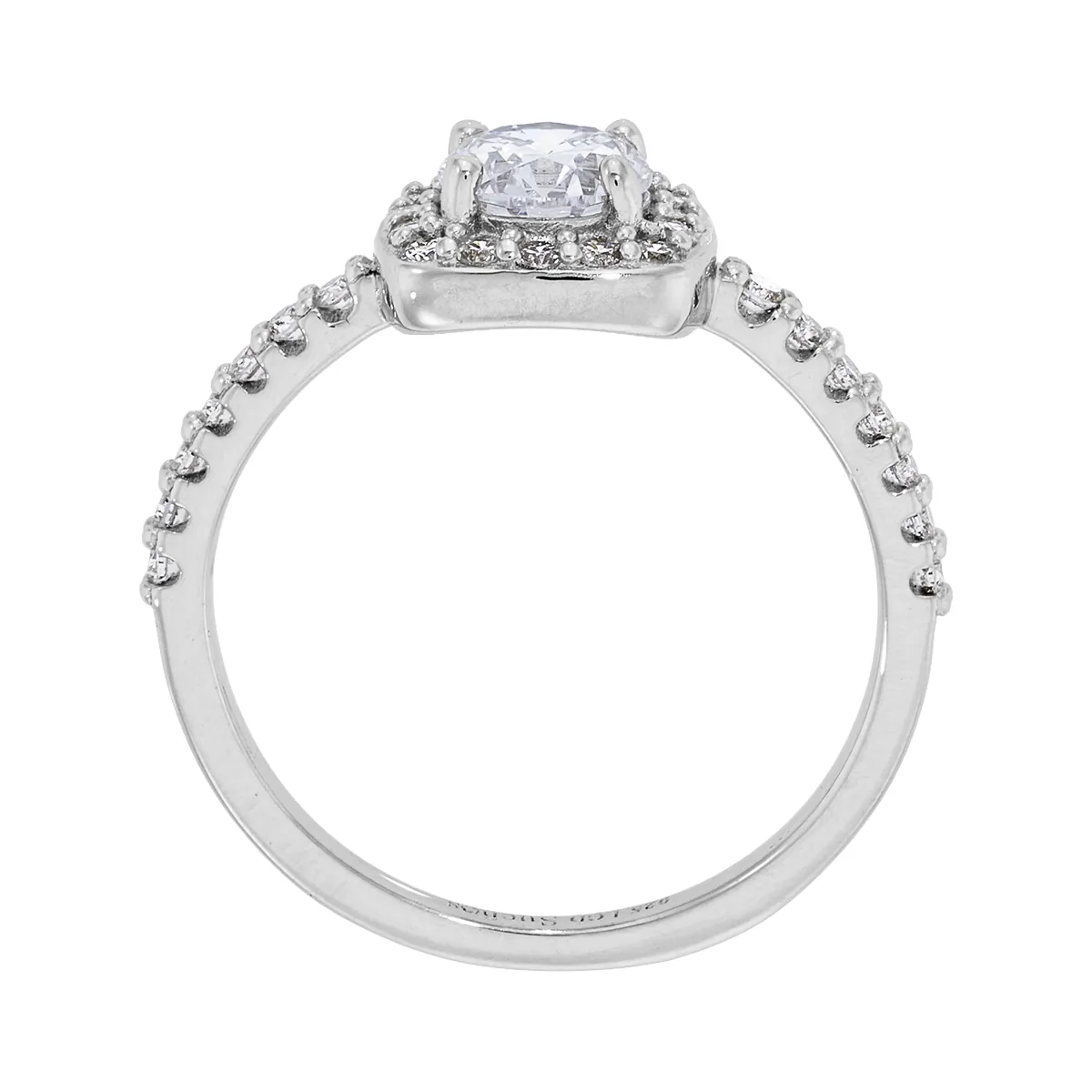 Anillo de compromiso halo cuadrado, con diamante de laboratorio central redondo de 0.50Ct y decoración en diamantes de laboratorio, en plata ley 925, rodinado - Colección Sueños
